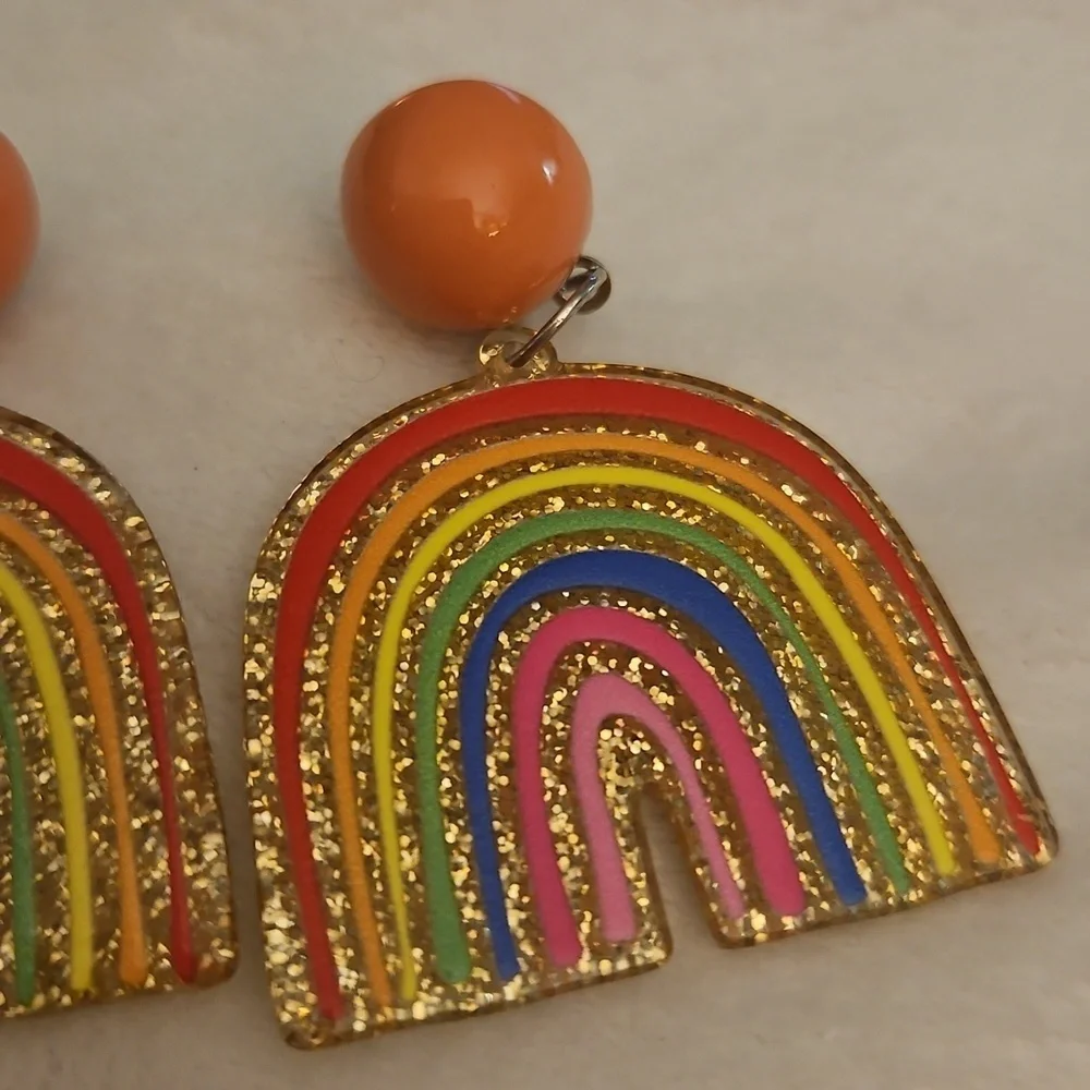 Vintage 1980s Colorful Acrylic Glitter Rainbow Festival Dangle Post Earrings